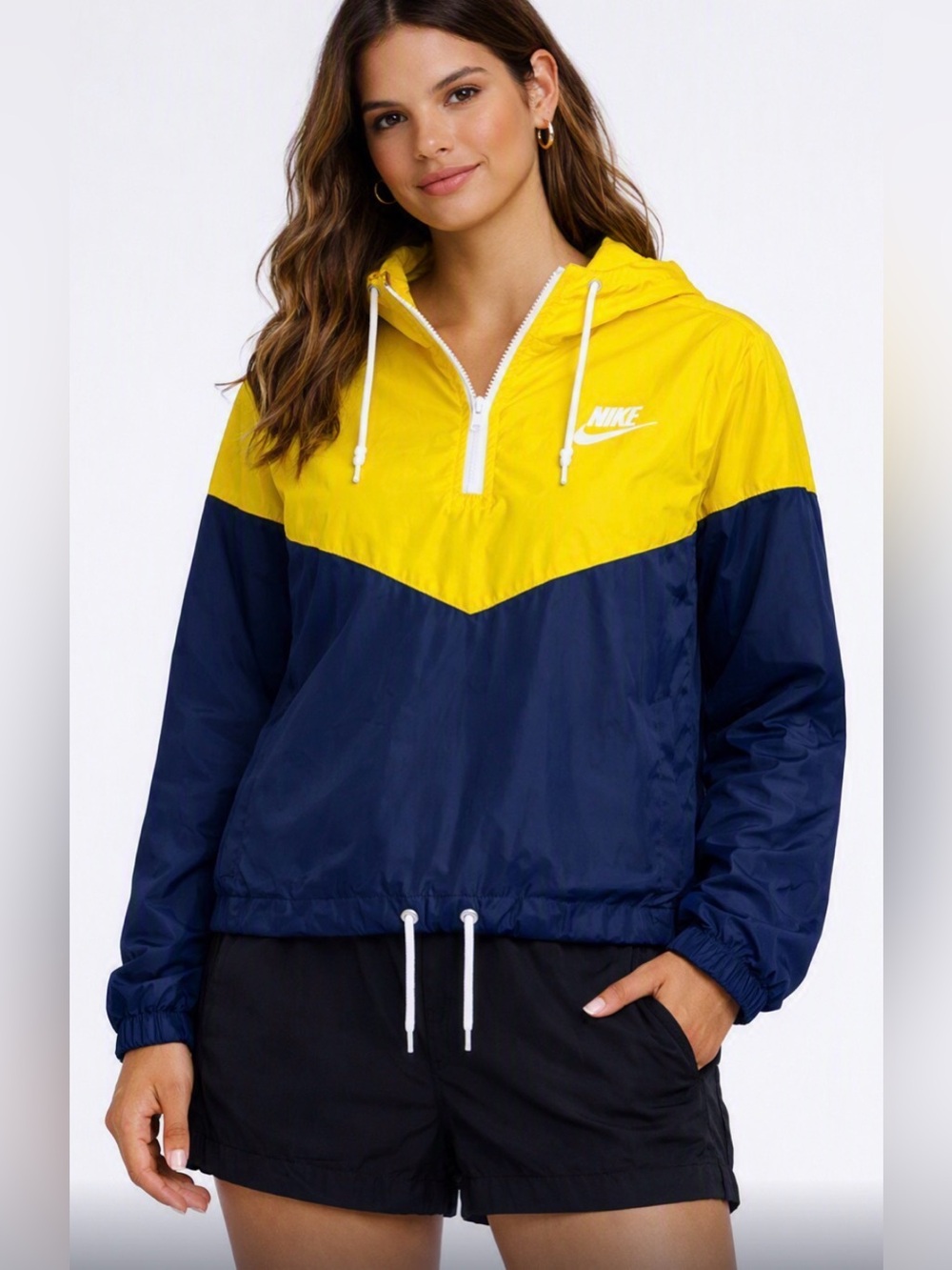 Nike Windrunner Cropped Quarter Zip Anorak Jacket Yellow Navy Blue Medium